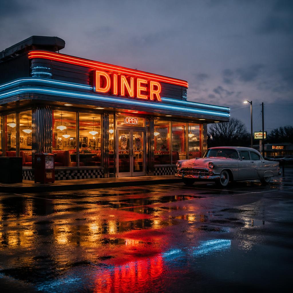 gpt image 2 a professional cinematic photograph of the exterior of a retro 1950s american di 0